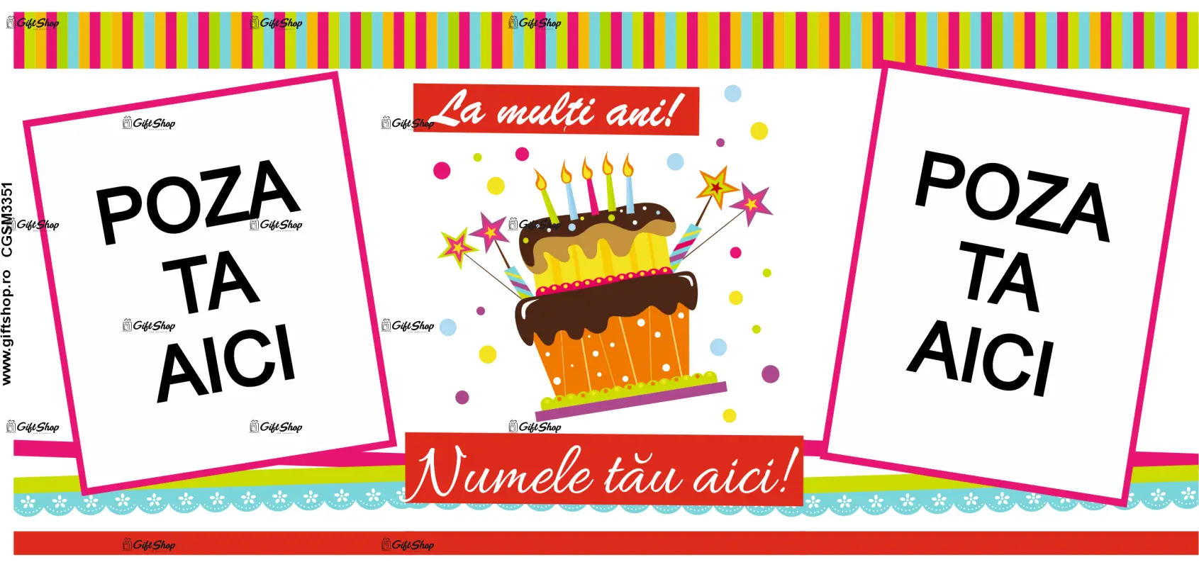 La multi ani, cana din ceramica, 330ml, personalizata cu 2 poze si text model 3351